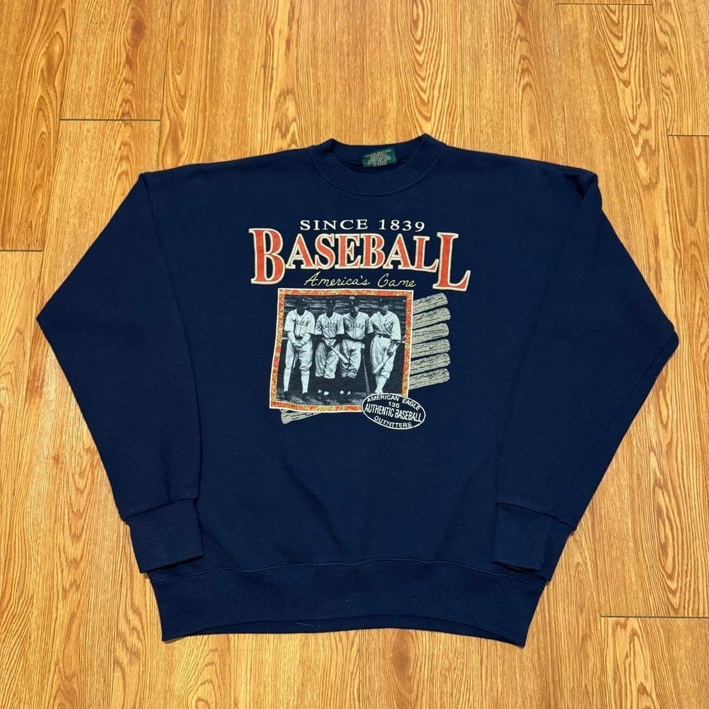 VTG American Eagle Men's Sweatshirt Large Baseball Navy Blue 90s